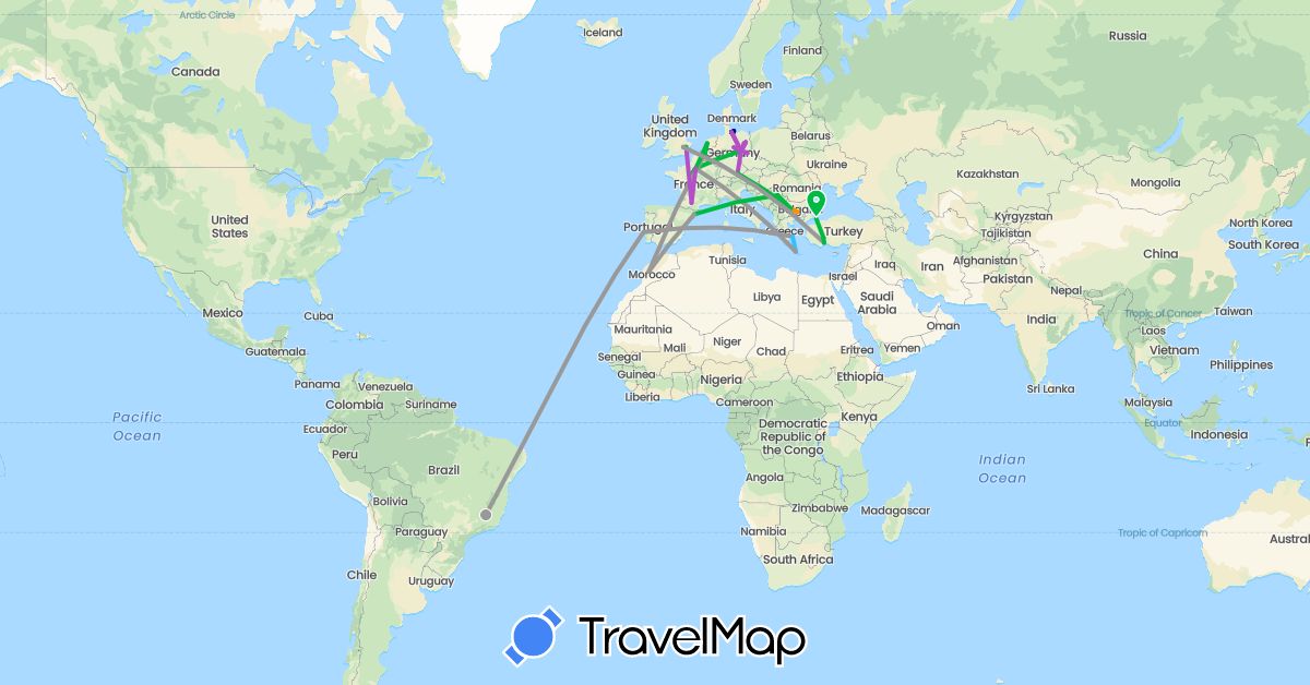 TravelMap itinerary: driving, bus, plane, train, boat, hitchhiking in Belgium, Bulgaria, Brazil, Germany, Spain, France, United Kingdom, Greece, Morocco, Netherlands, Portugal, Serbia, Turkey (Africa, Asia, Europe, South America)